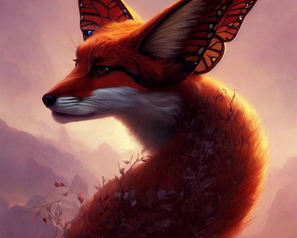 Majestic fox with butterfly wings in twilight backdrop with floral patterns
