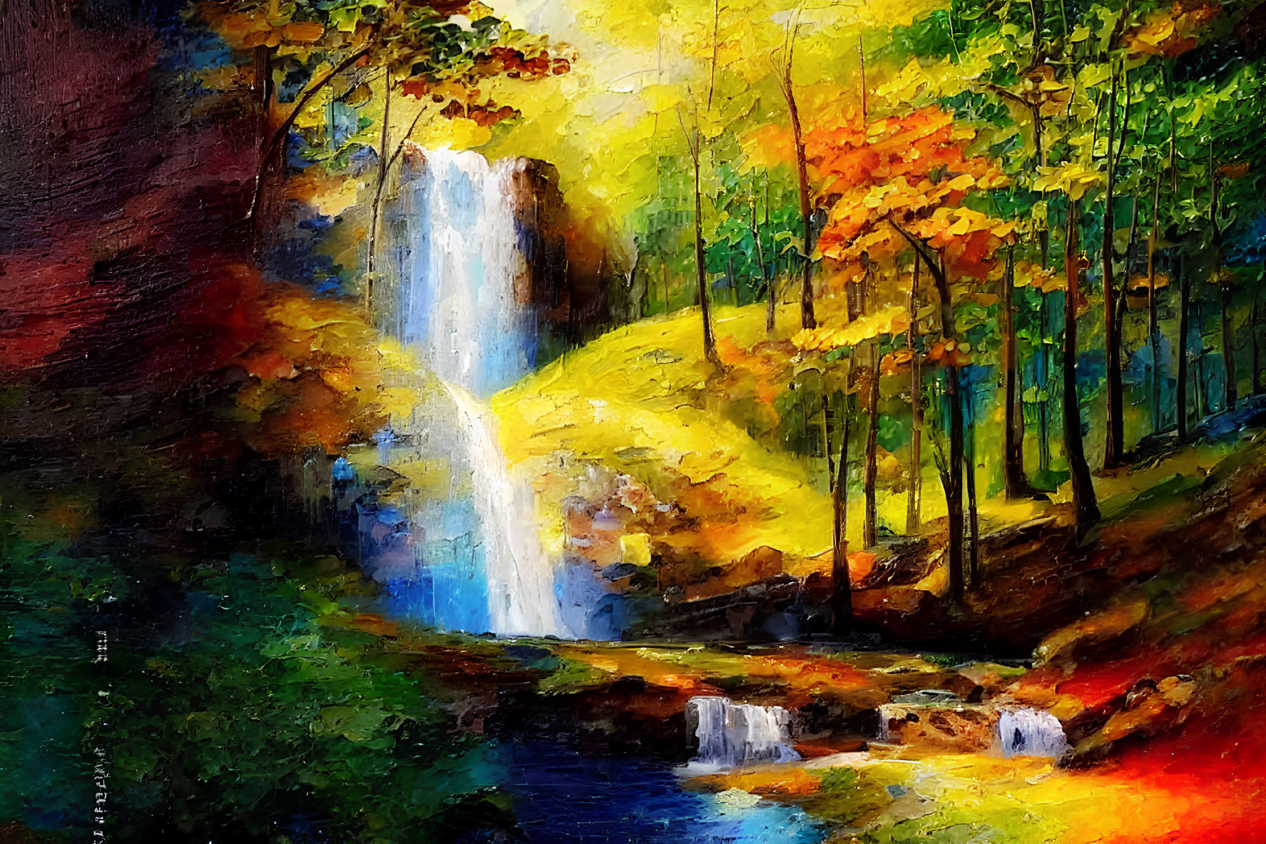 Vivid autumn forest waterfall painting with sunlight reflections