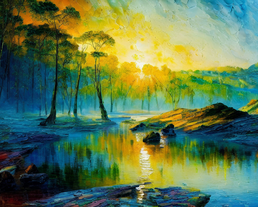 Tranquil river in colorful forest at vibrant sunset