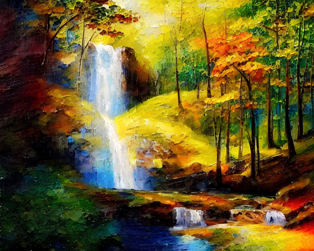 Vivid autumn forest waterfall painting with sunlight reflections