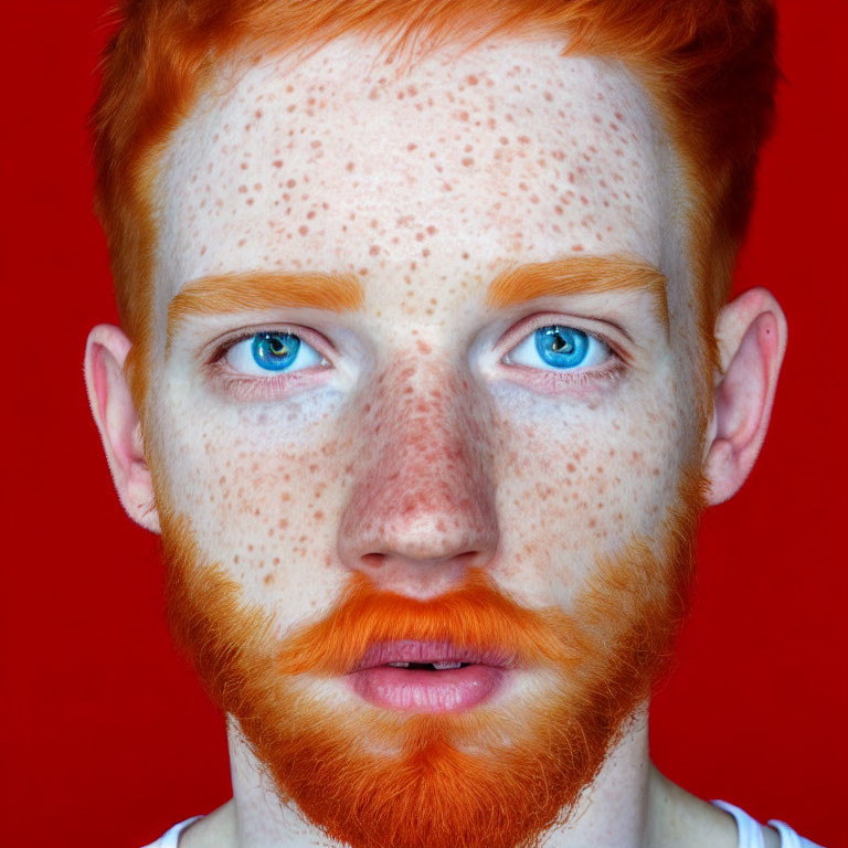 Portrait of Person with Red Hair, Beard, Freckles, and Blue Eyes on Red Background