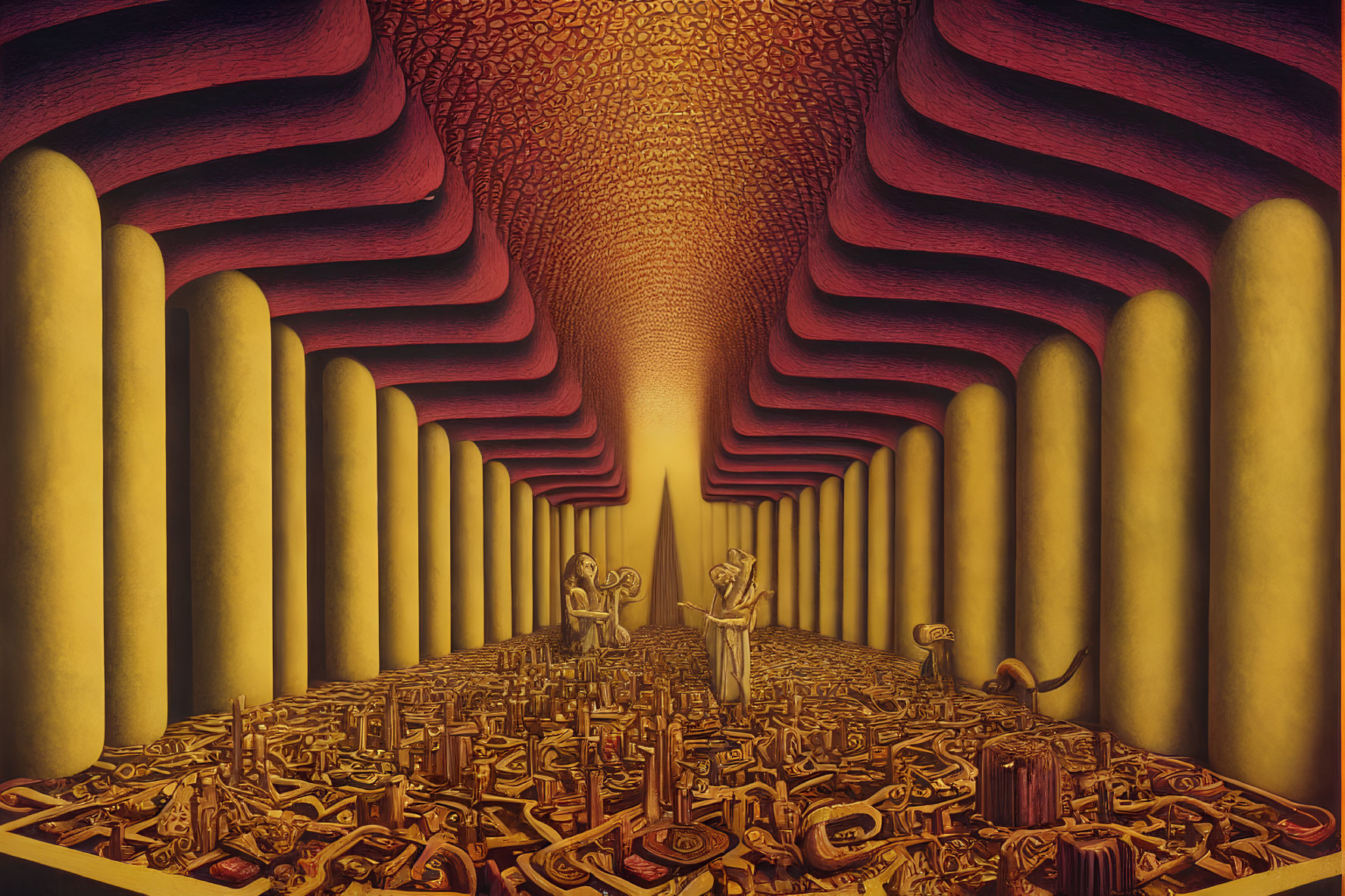 Surreal cavernous space with yellow columns and red ceiling