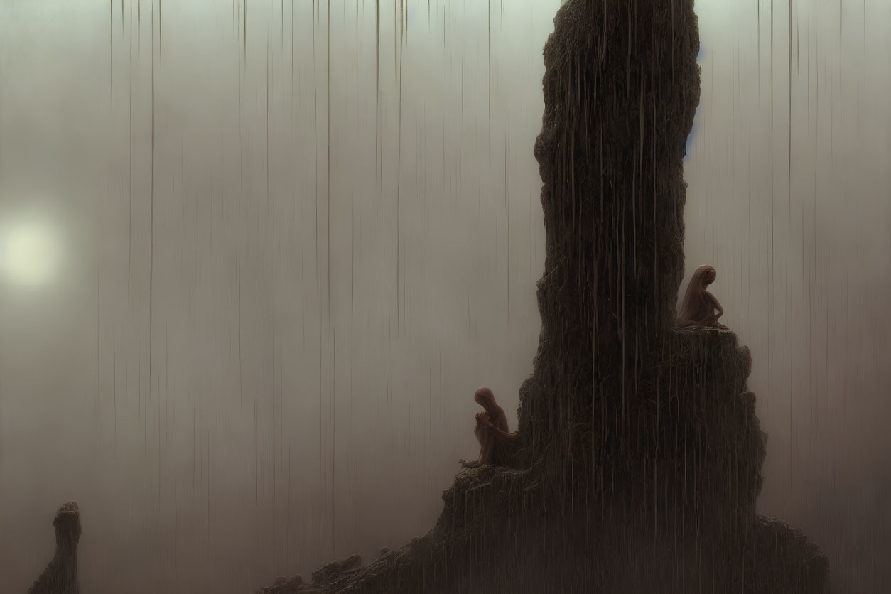 Misty figures on rugged cliff with stalactite-like formations