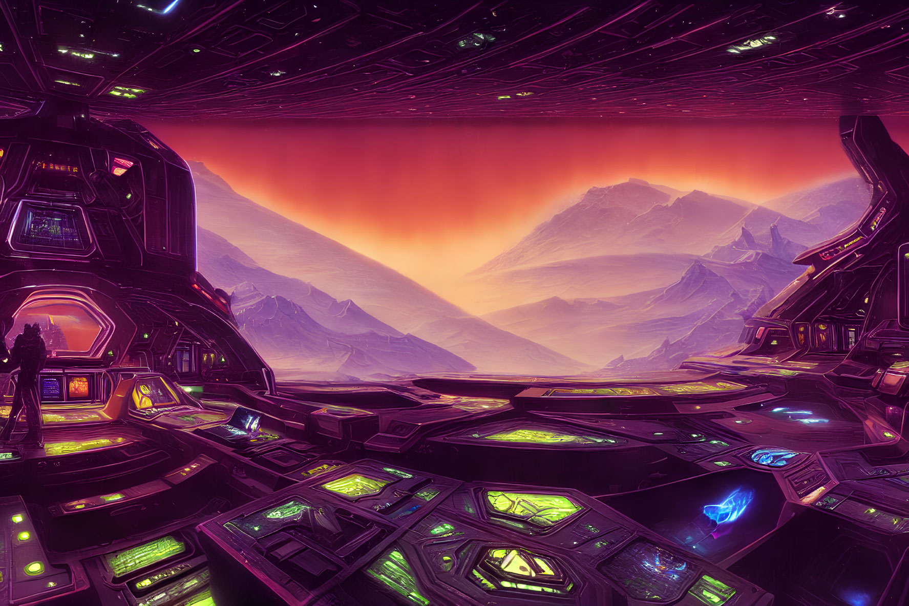 Futuristic Spaceship Interior Overlooking Alien Landscape