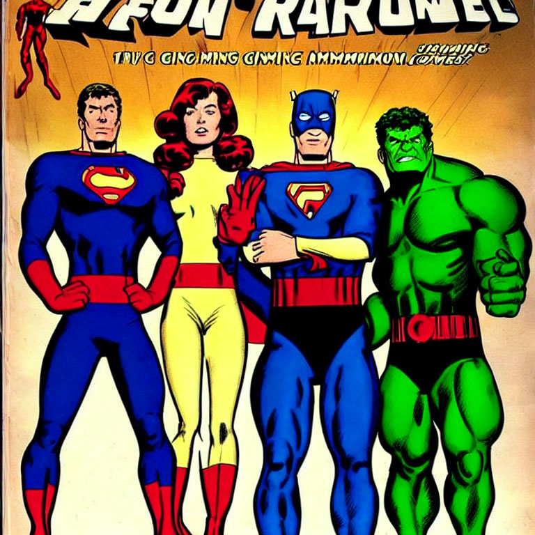 Four Superheroes on Colorful Comic Book Cover: Blue and Red Caped Man, Blue Masked