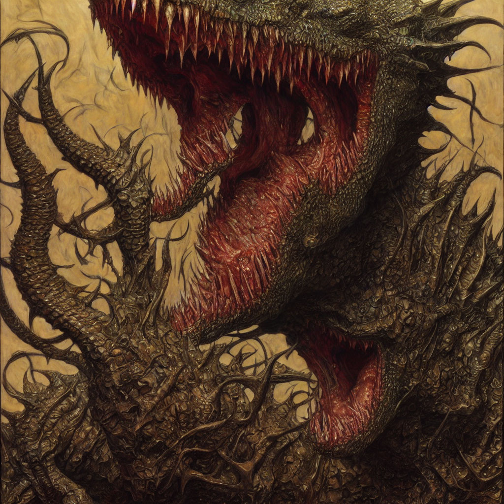Detailed Illustration of Menacing Dragon with Sharp Teeth and Textured Horns