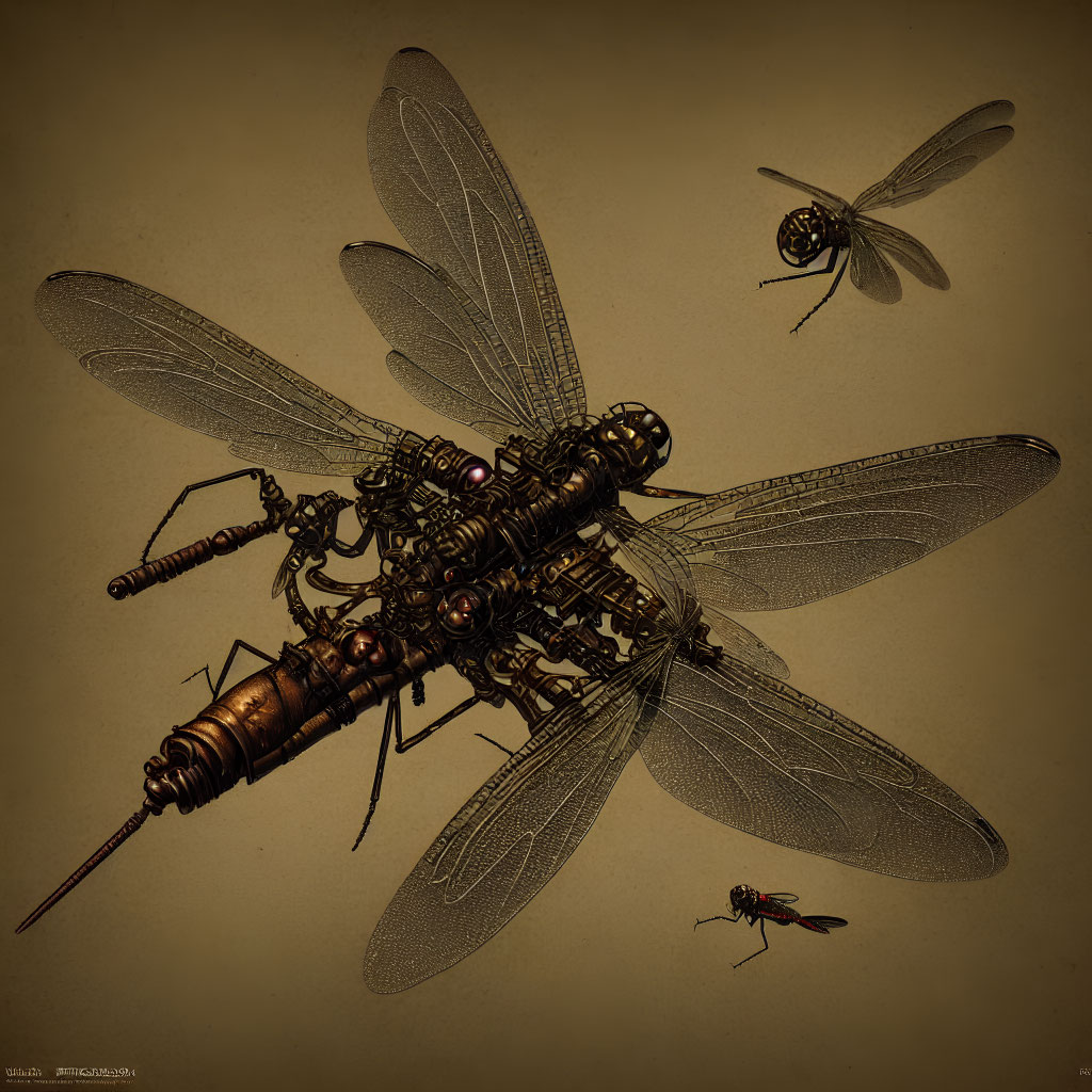 Sepia-Toned Image of Intricate Mechanical Dragonfly with Gears