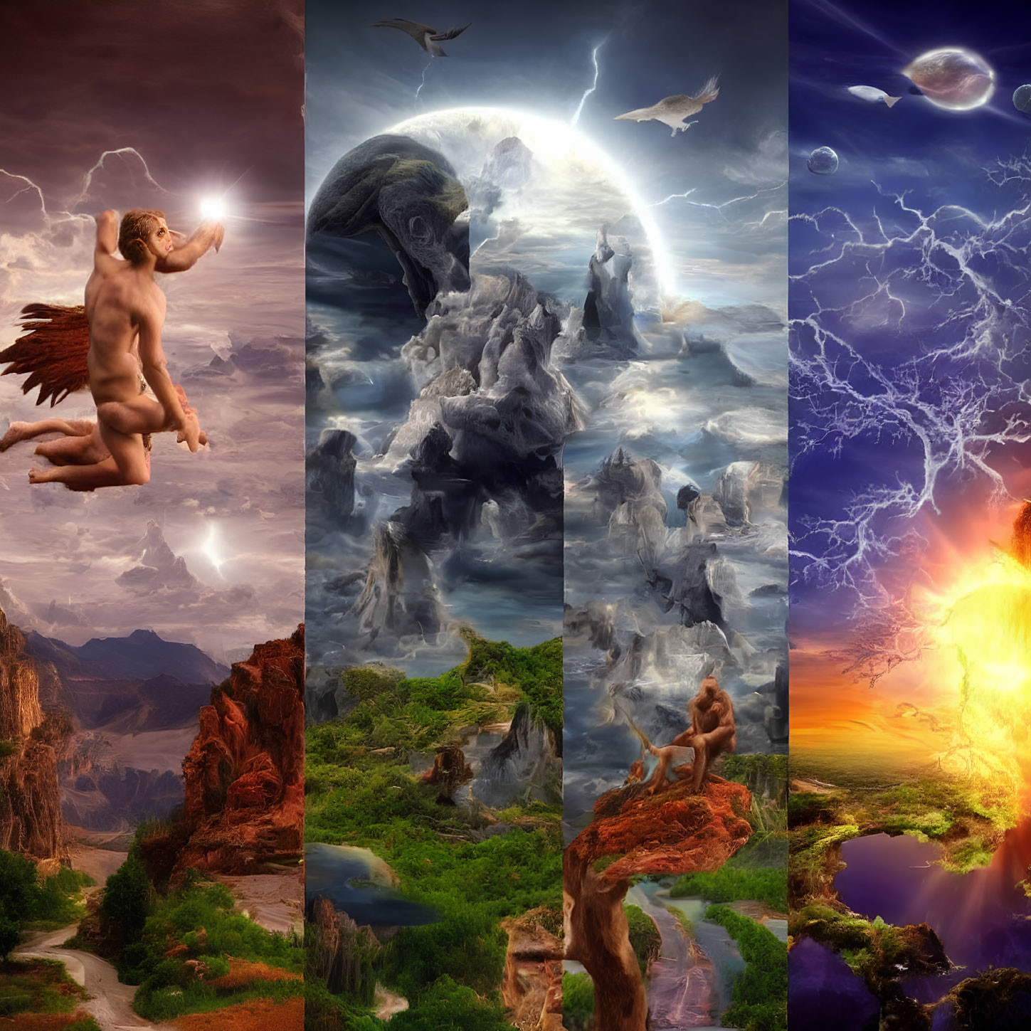 Fantasy Triptych Featuring Icarus, Surreal Landscapes, and Mythical Creatures