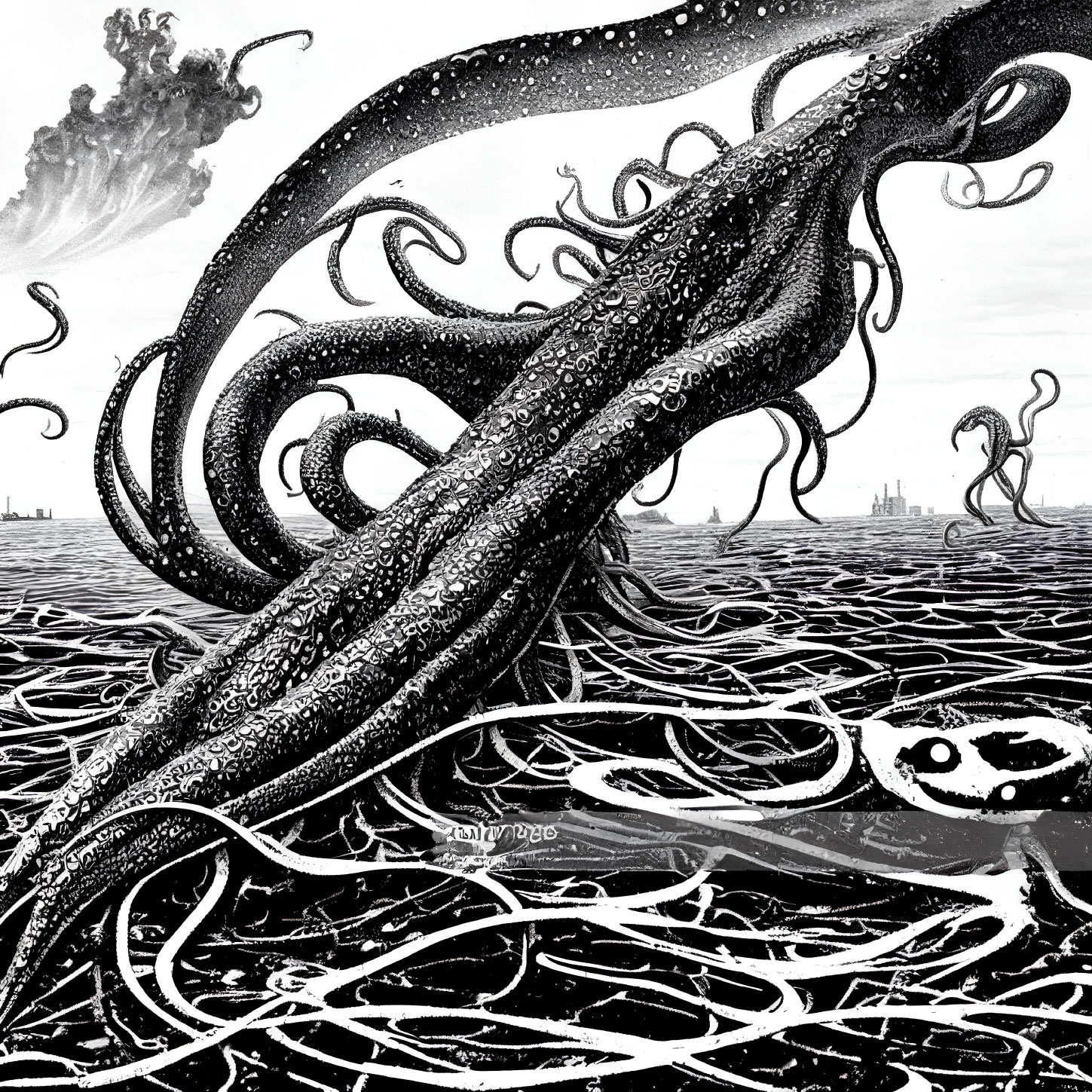 Monochrome illustration of giant octopus in industrial cityscape.