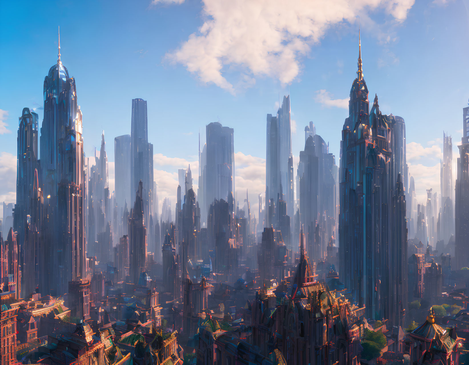 Futuristic cityscape with towering skyscrapers and neo-gothic architecture