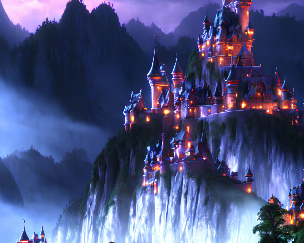 Fantastical castle with illuminated spires on cliff by misty waterfalls at twilight