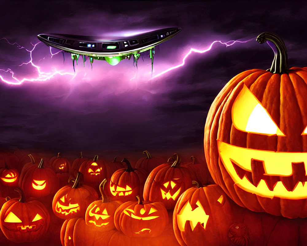 Spooky Halloween scene with glowing jack-o'-lanterns, purple sky, lightning, and UFO