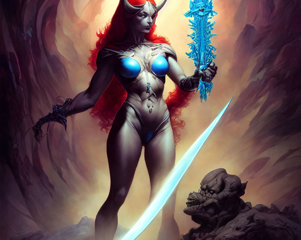 Red-skinned female warrior with blue sword defeats beast in mystical scene