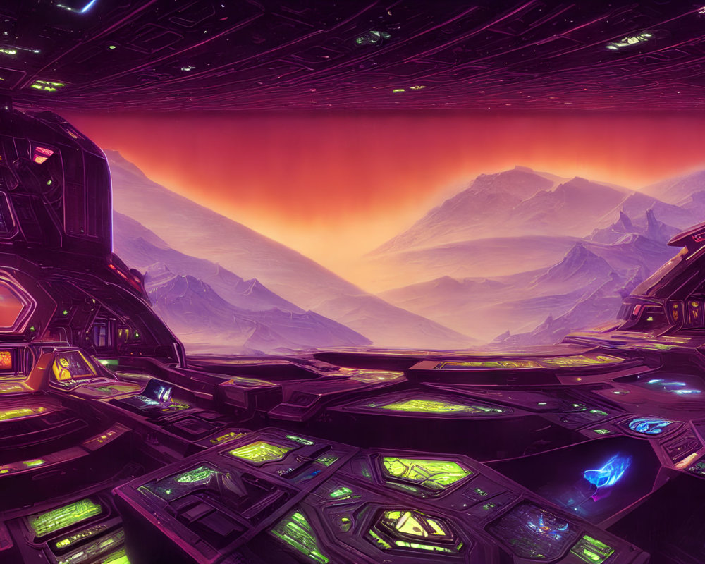 Futuristic Spaceship Interior Overlooking Alien Landscape