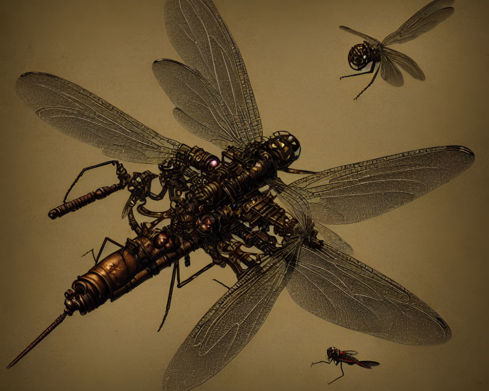 Sepia-Toned Image of Intricate Mechanical Dragonfly with Gears