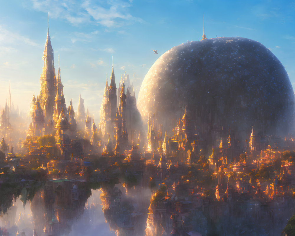 Fantastical cityscape with spire-topped buildings and giant hovering sphere