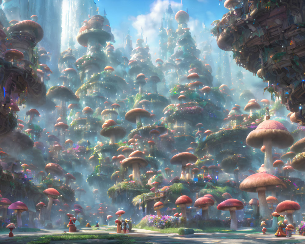Fantastical cityscape with mushroom-like towers and lush surroundings