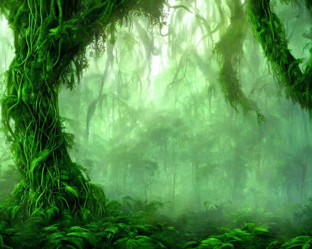 Enchanting green forest with mist and dense fern undergrowth