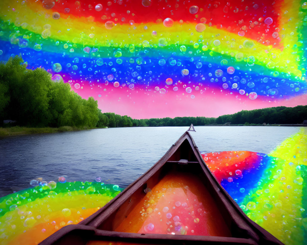 Colorful Canoe Bow in Vibrant Rainbow Sky over Calm River