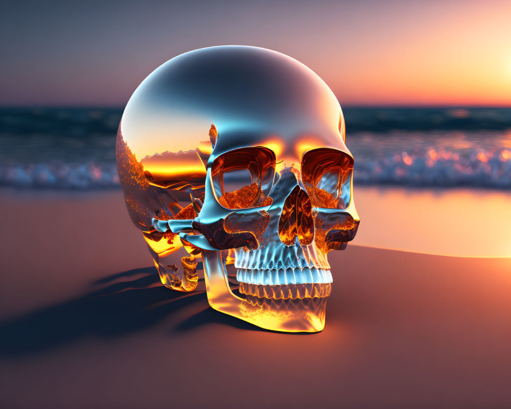 Reflective Glass Skull with Sunglasses on Beach at Sunset with Mirrored Waves and Sky