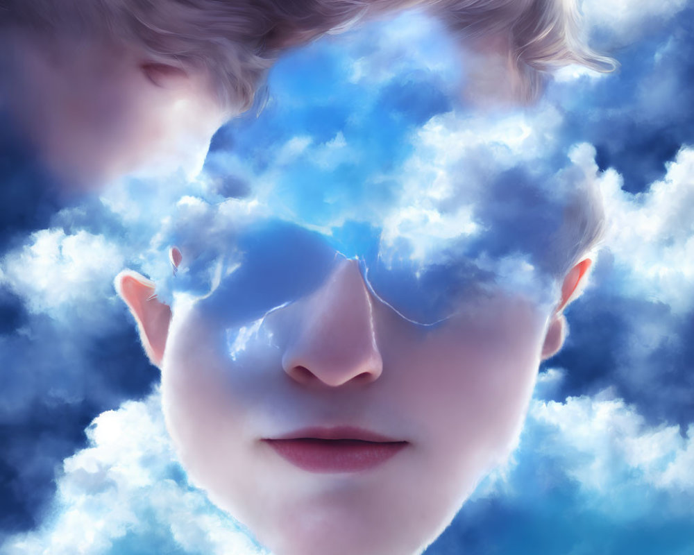Surreal image of two faces blending with cloudy sky