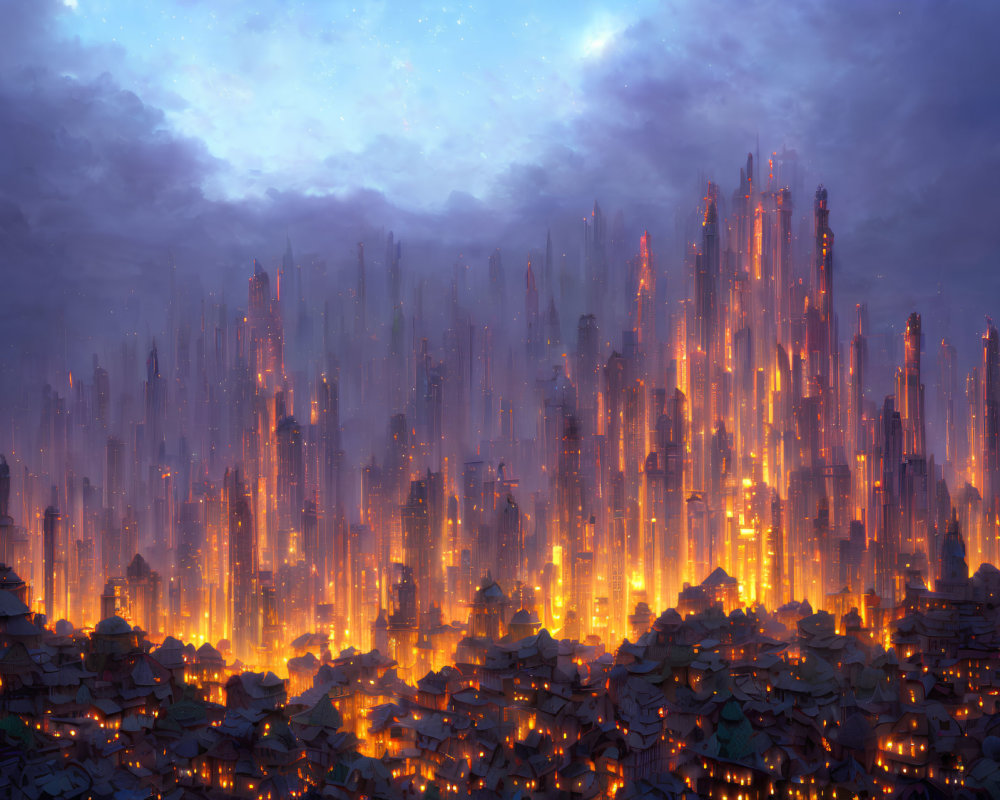 Fantastical cityscape with glowing crystalline towers and traditional houses at dusk