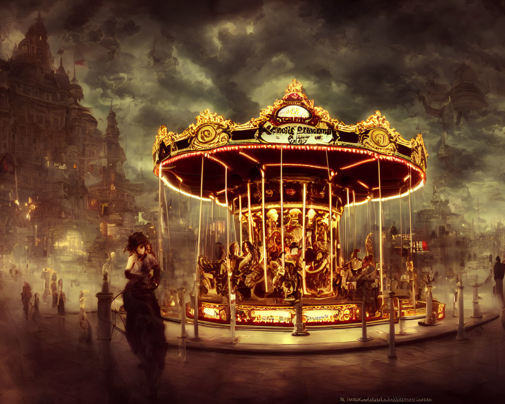 Glowing carousel in atmospheric scene with silhouetted figures