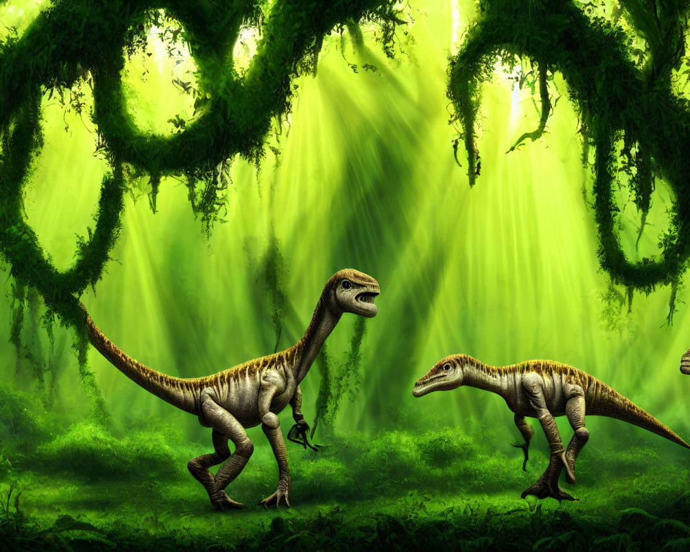 Three Velociraptors in Lush Prehistoric Jungle with Hanging Moss