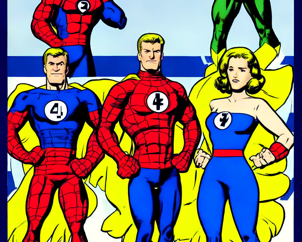Colorful illustration of four comic book characters in tight suits with "4" logo