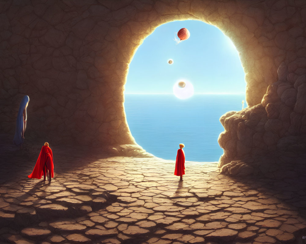 Two Figures in Red Cloaks in Cave with Sea Vista and Planets Aligned