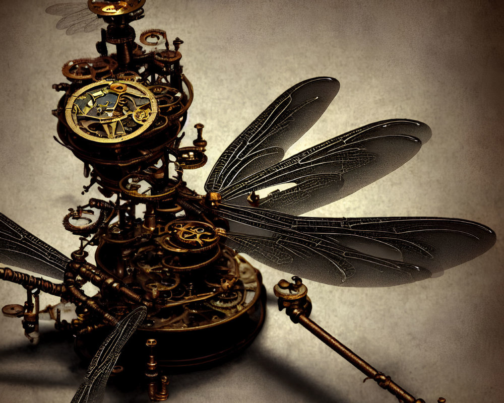 Intricate steampunk mechanical dragonfly sculpture with metallic textures