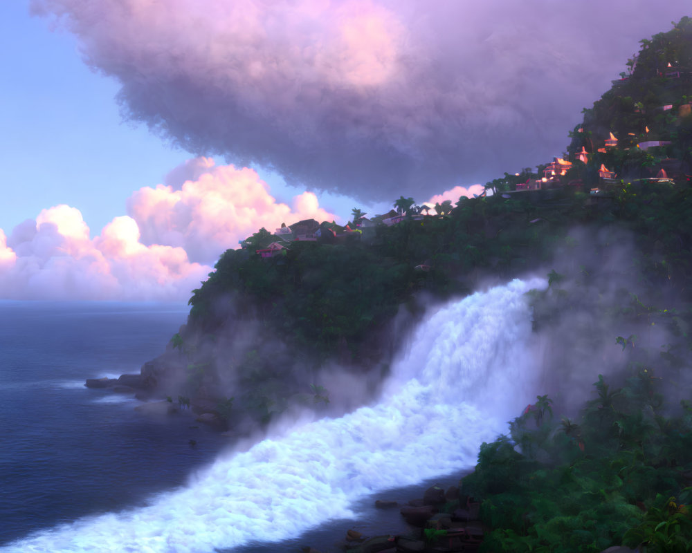 Twilight coastal waterfall scene with lush greenery and lit buildings