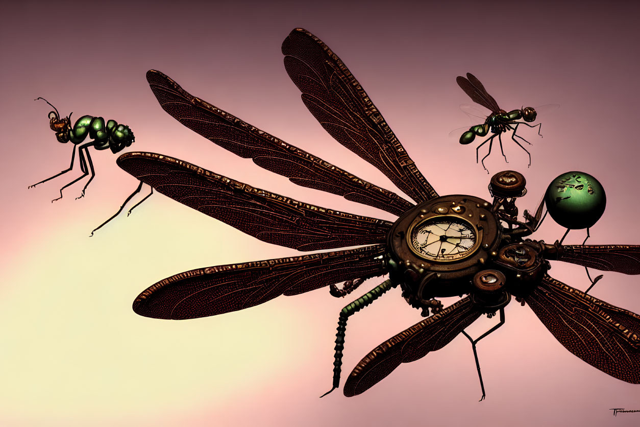 Steampunk-style Artwork: Mechanical Insects with Clockwork Gears