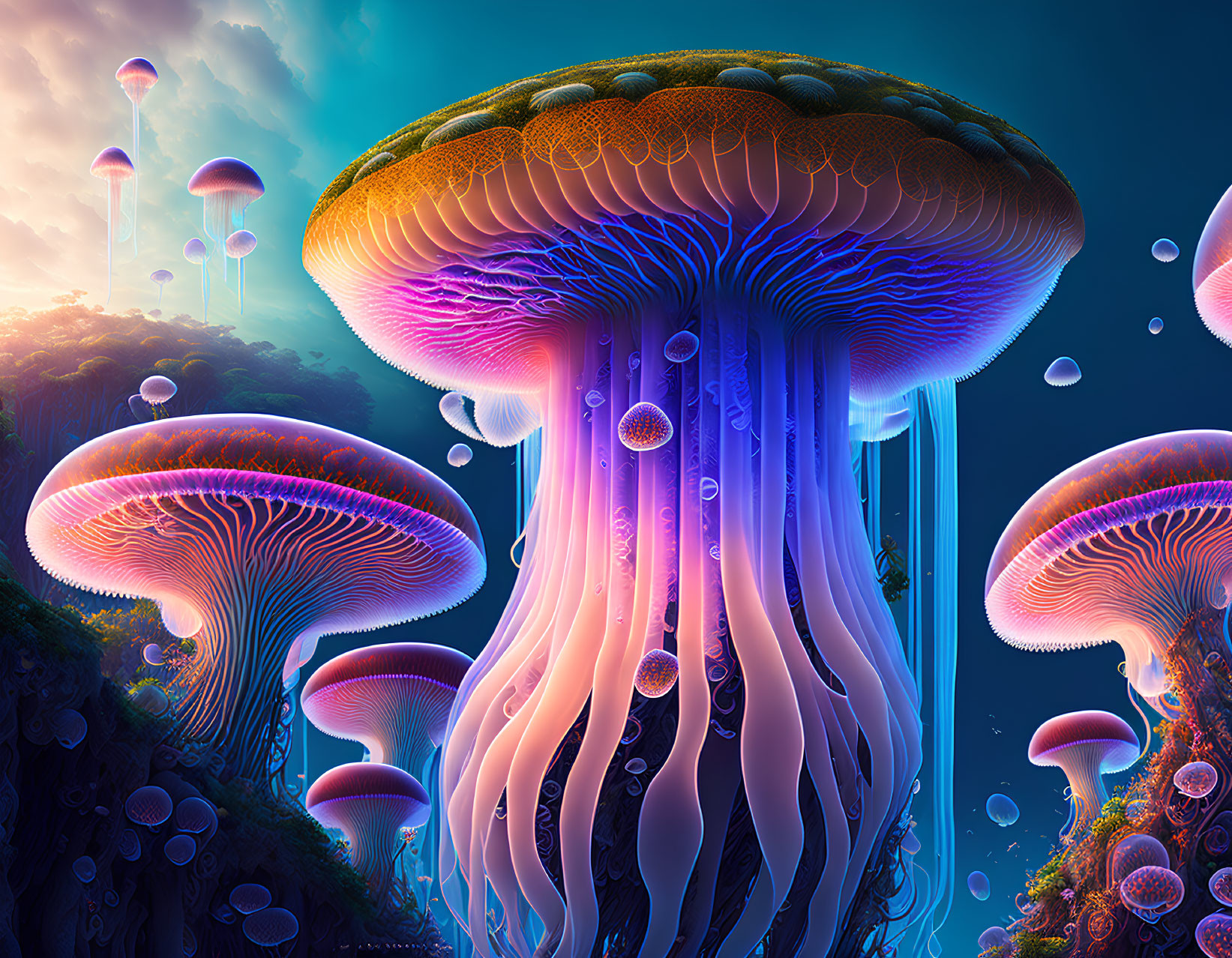 Bioluminescent jellyfish in twilight sky with mushroom structures