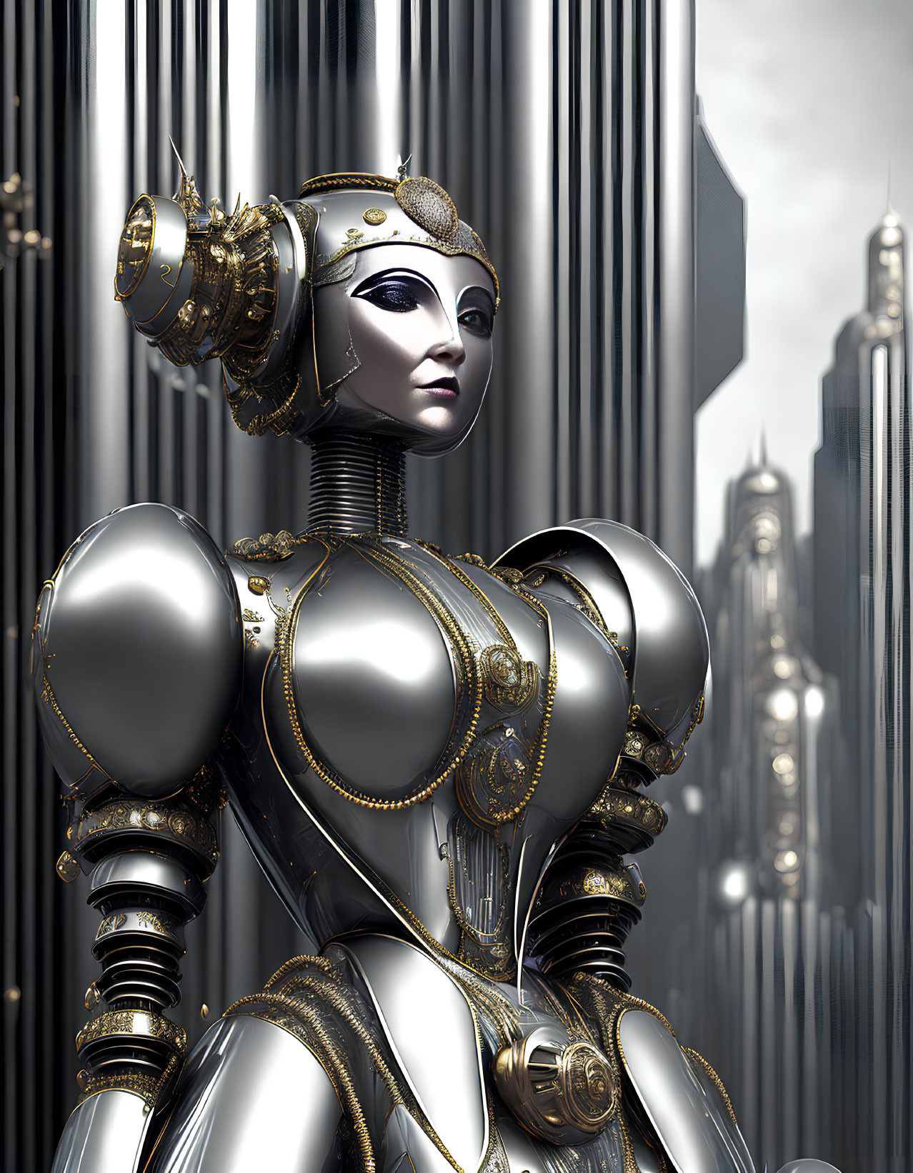 Futuristic female robot in ornate gold and silver design amid sleek cityscape