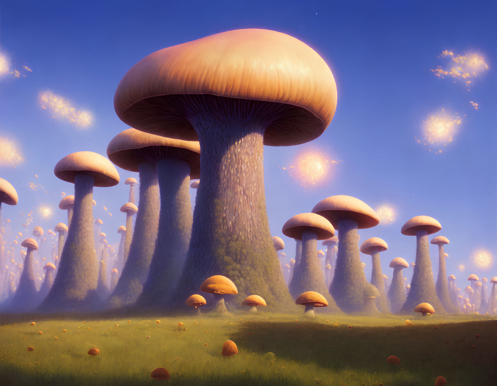 Whimsical landscape with towering mushrooms under a blue sky