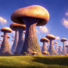 Whimsical landscape with towering mushrooms under a blue sky