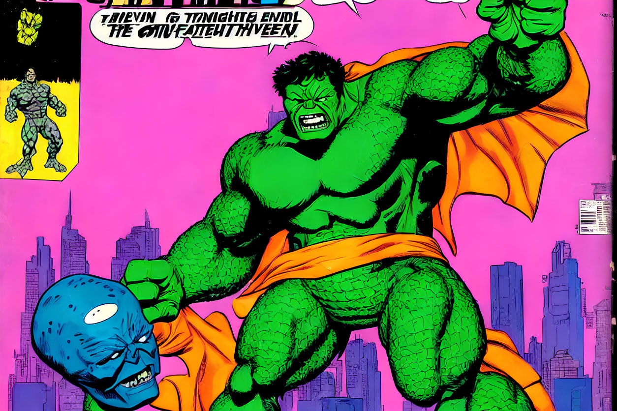 Vibrant comic book page: Hulk in action with green skin & torn purple pants, towering over