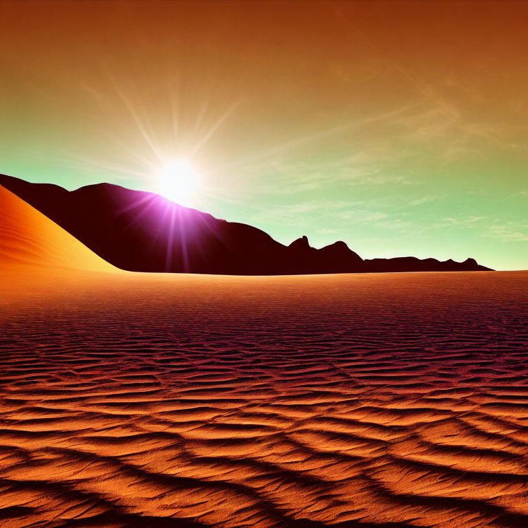 Desert sunset with wavy sand patterns and silhouetted mountains