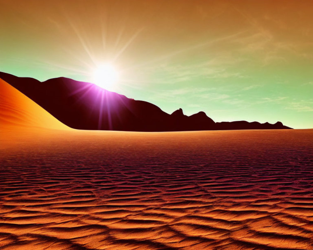 Desert sunset with wavy sand patterns and silhouetted mountains