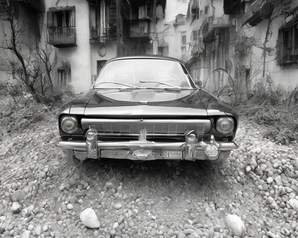 Classic Vintage Car Parked in Cobblestone Courtyard with Dilapidated Buildings in Black and White