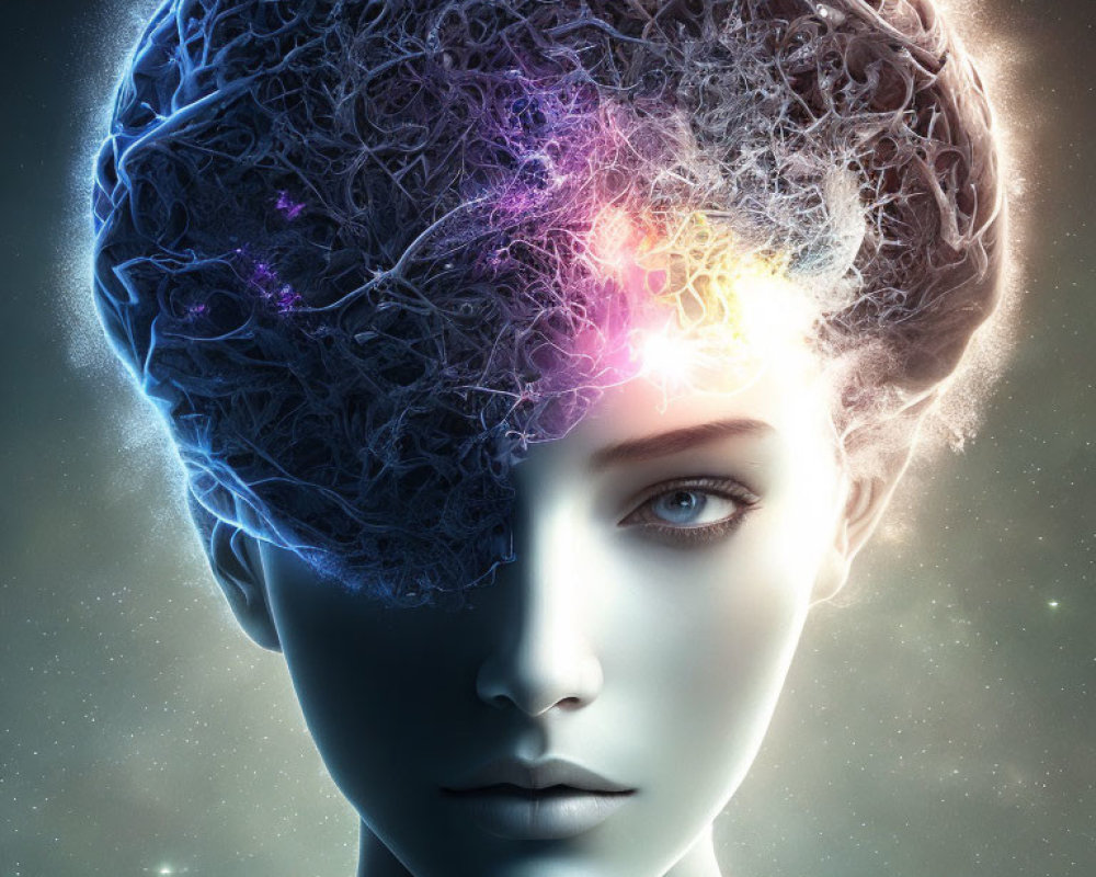 Colorful Brain-Like Head Portrait in Cosmic Setting