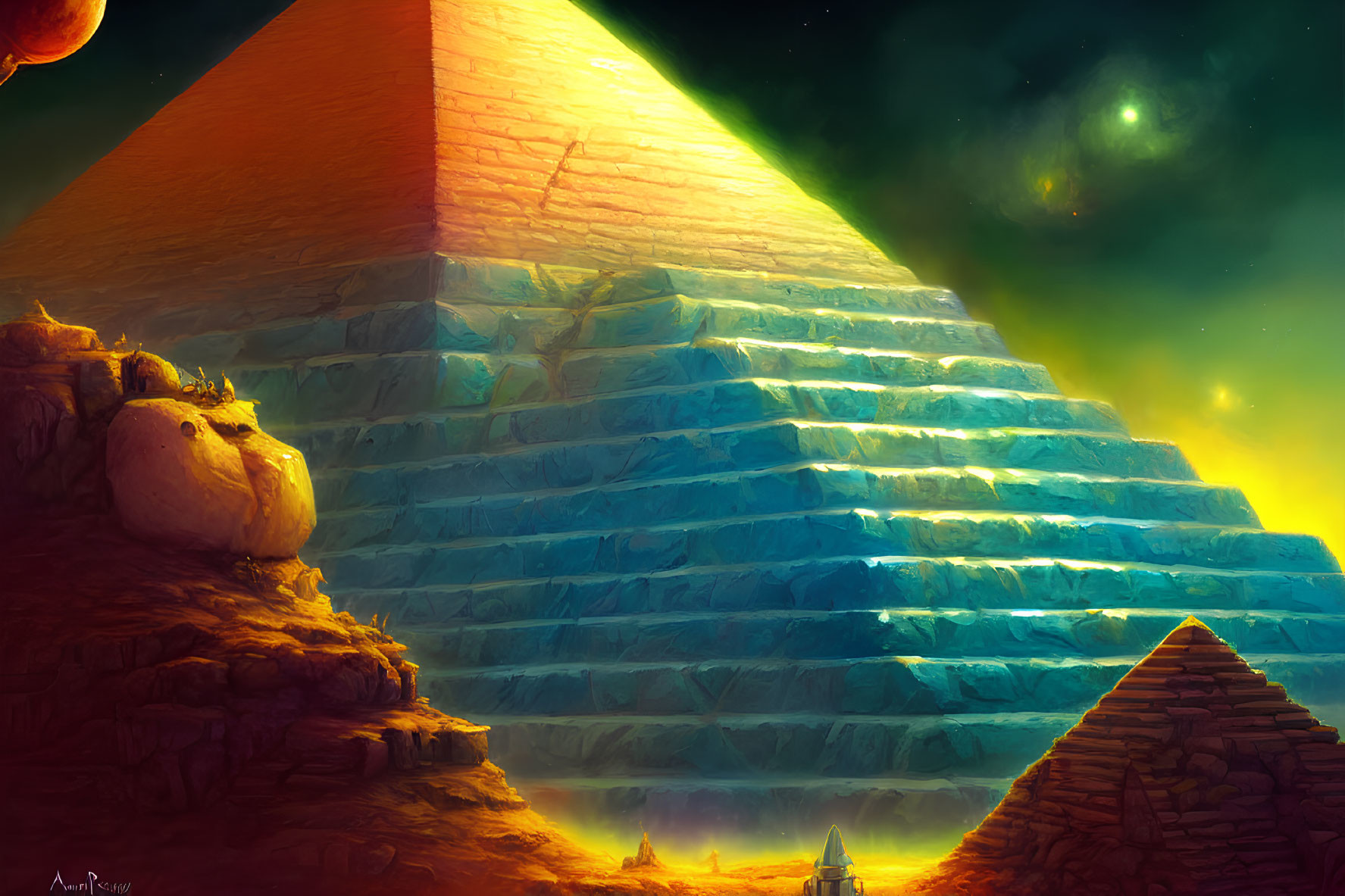 Mystical pyramids under starry sky with celestial glow