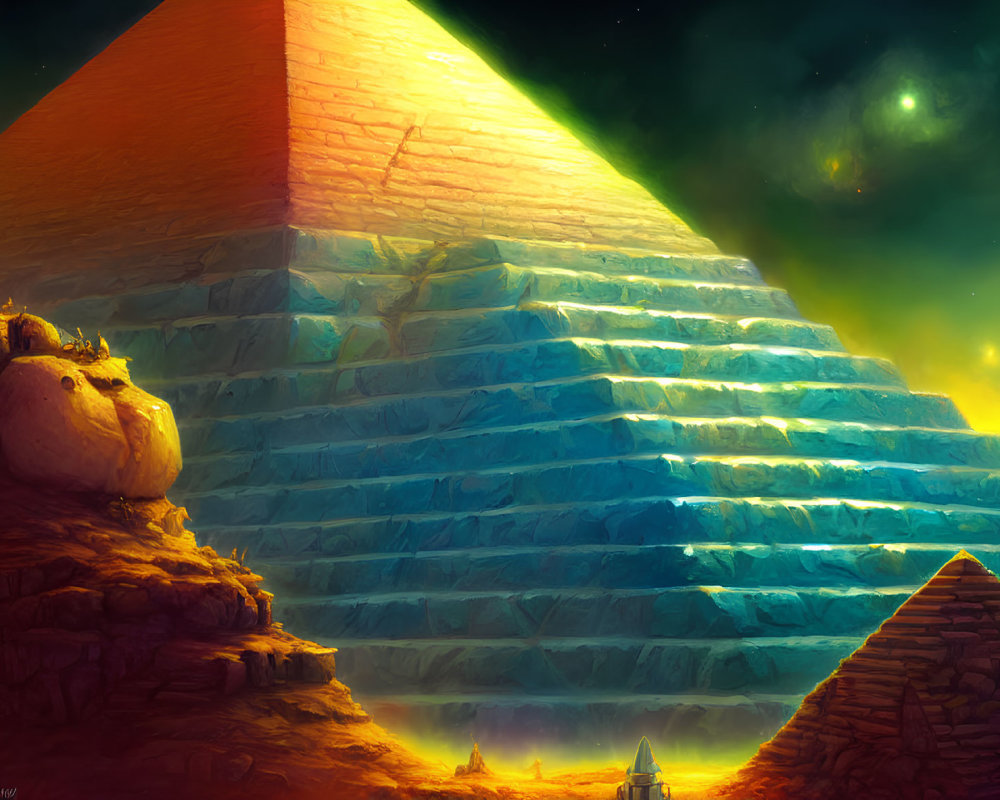 Mystical pyramids under starry sky with celestial glow