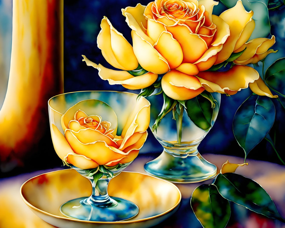 Yellow Roses Painting in Glass Saucer on Blue and Gold Background