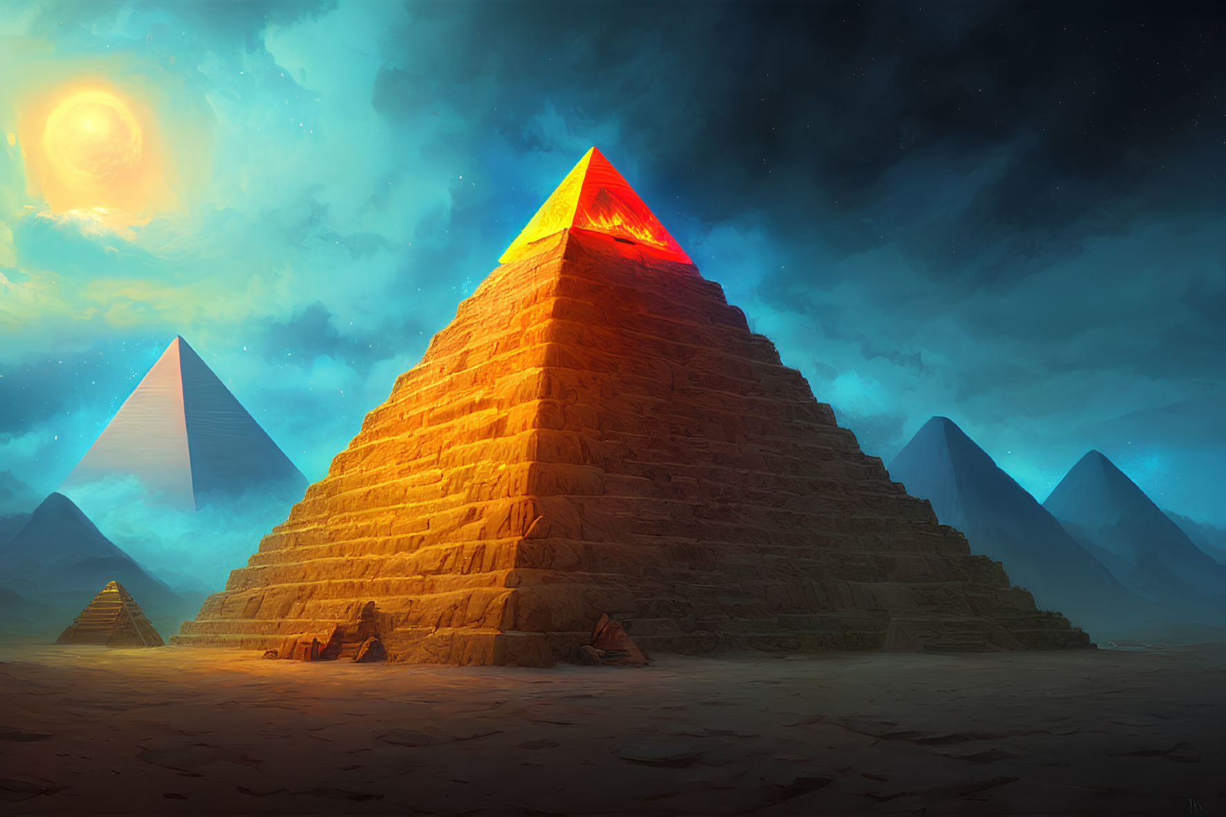 Majestic pyramids under starry sky with glowing red-orange light