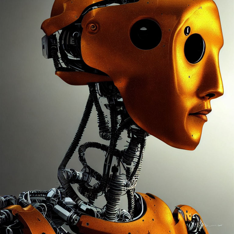 Detailed 3D Illustration of Humanoid Robot with Mechanical Neck and Orange Human-Like Face