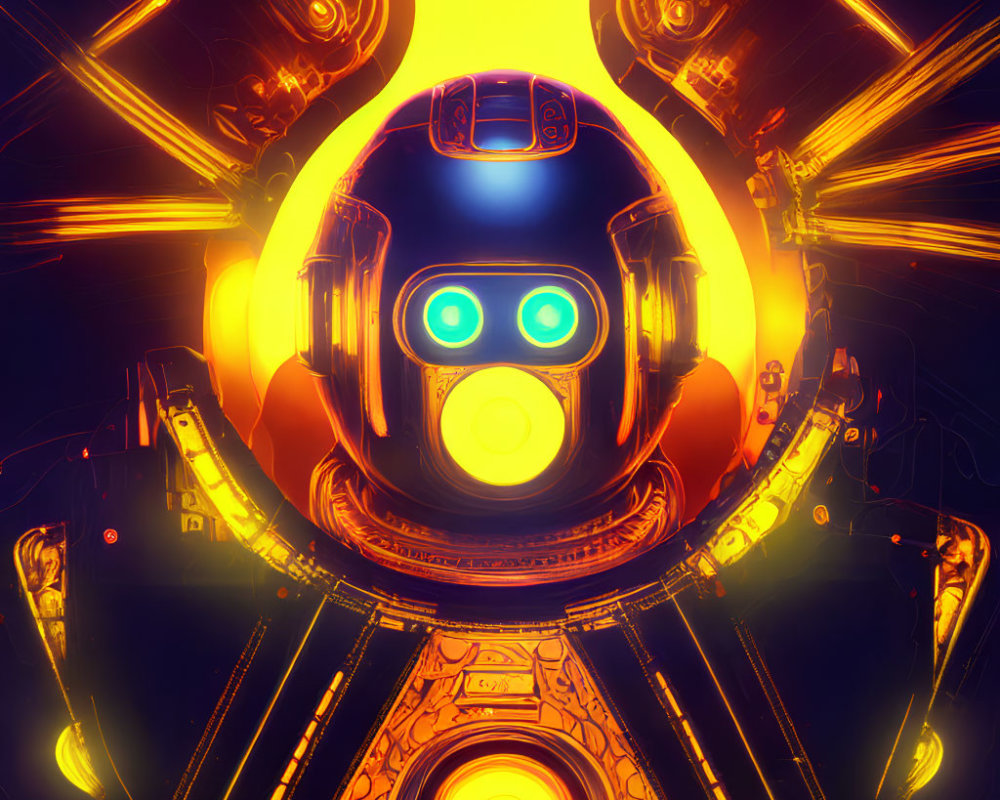 Futuristic Robot with Glowing Blue Eyes in Vibrant Orange and Yellow Environment