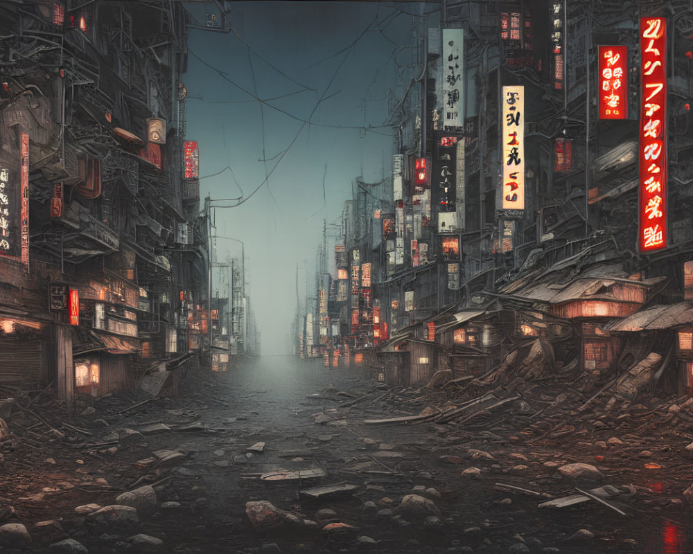 Dystopian urban alley with dilapidated buildings and neon signs