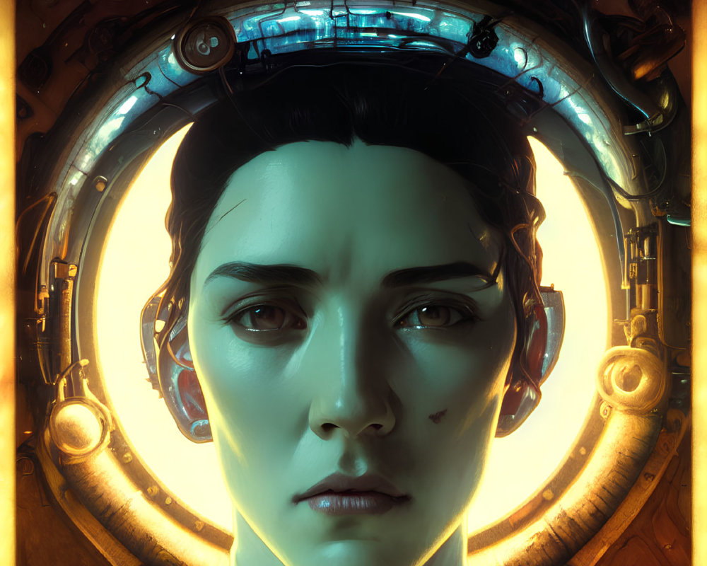 Detailed Close-Up Illustration of Person in Futuristic Helmet with Intricate Mechanical Details